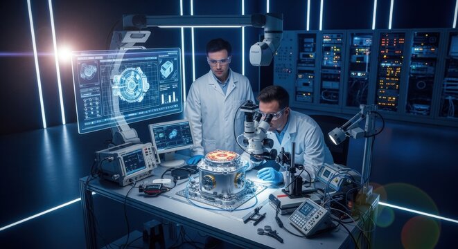 Hightech laboratory image featuring scientists inspecting a radioisotope thermoelectric generator heatsource encapsulation cell for quality control.