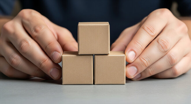 Businessman hands protecting completed wooden block pyramid, perfect for business stability structural growth and solid foundation