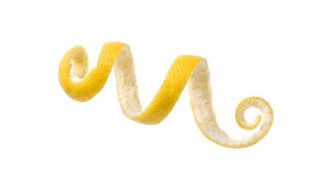 Fresh yellow lemon peel spiral isolated on white background high quality png image for food design projects