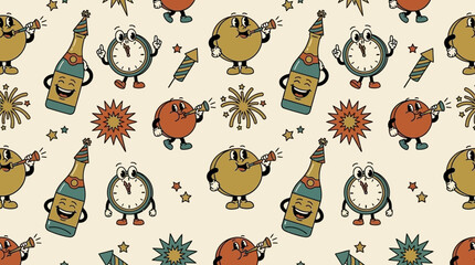 Naklejka premium Retro cartoon celebration pattern featuring happy clock and champagne bottle characters