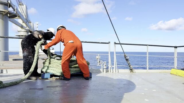 Professional mariners layouting ropes on ship deck at sea.