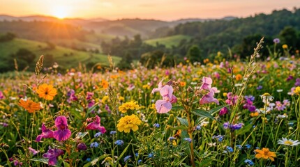 Fototapeta premium Vibrant india landscape with colorful wildflowers blooming under warm sunset sky over rolling hills and lush greenery creating peaceful scene