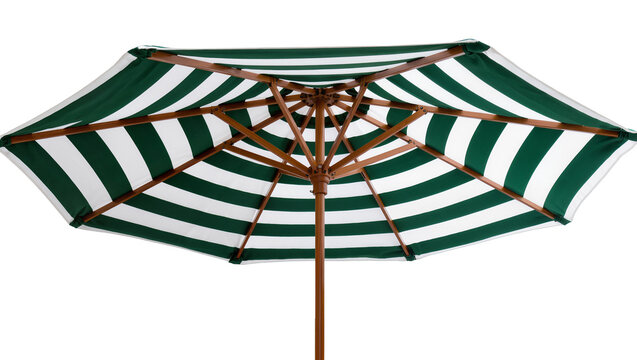 Green and white striped patio umbrella with wooden frame, isolated on transparent background