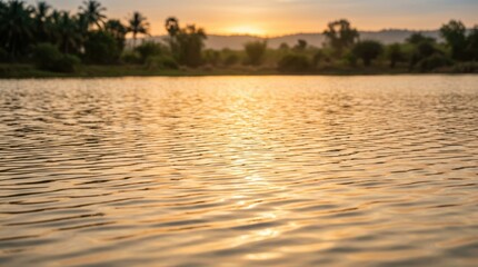 Fototapeta premium Golden sunlight reflects on calm water with trees and hills in background creating peaceful india landscape at sunset