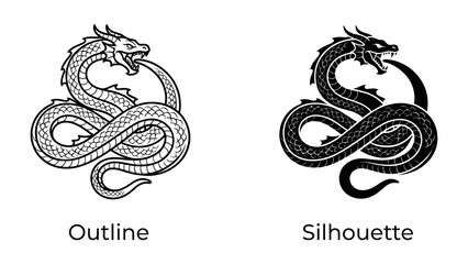 Dragon Tattoo Design: A striking illustration featuring a dragon in both outline and silhouette forms, perfect for tattoo art or graphic design projects. © Goro