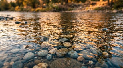 Fototapeta premium Clear water flows over smooth stones in serene india landscape with warm sunlight reflecting on river surface creating peaceful natural scene