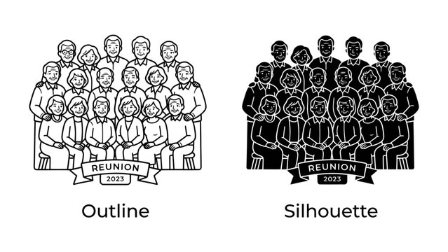 Reunion Group Photo: A group of people posing for a photo, depicted in both outline and silhouette styles, capturing a moment of togetherness and shared history.