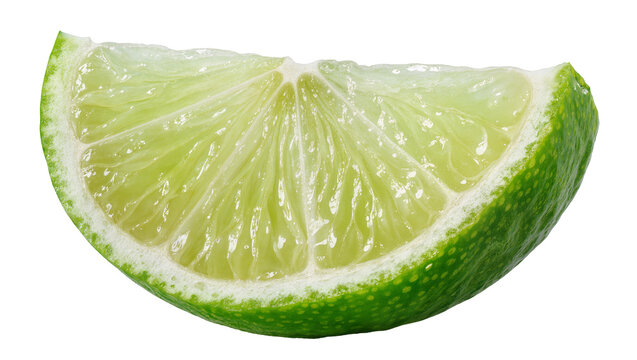Juicy green lime slice with visible pulp and rind, isolated on transparent background