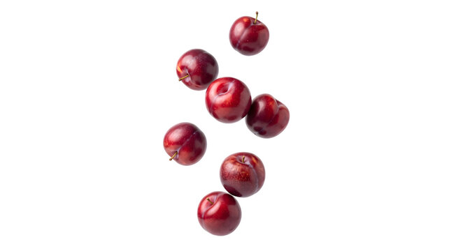 Fresh red plums falling isolated on white background high quality png image for food design projects
