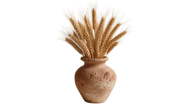 Ears of wheat in a rustic terracotta vase, isolated on transparent background