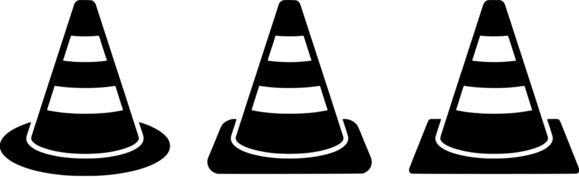 Traffic cone icon set in a flat black silhouette style including round and square base designs. Editable vector illustration on white background.