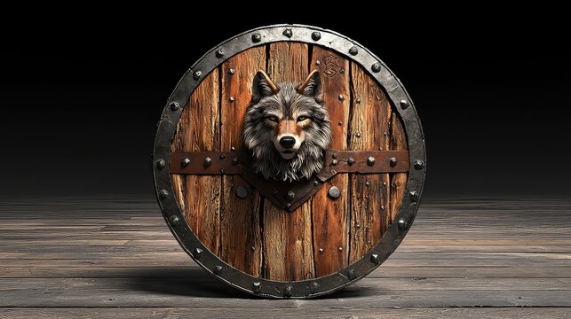 Viking Round Shield With Wolf Emblem On Dark Background