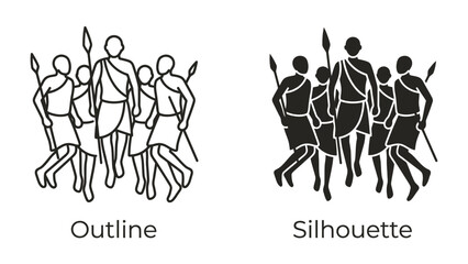 Group of Warriors: A striking graphic featuring two distinct depictions, an outline and a silhouette, of a tribal group holding spears, representing strength and unity. © Hash