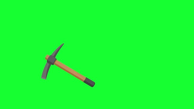 Animated mining pickaxe tool loop on green screen background for gold mining, construction, digging, labor, and motion graphic asset.