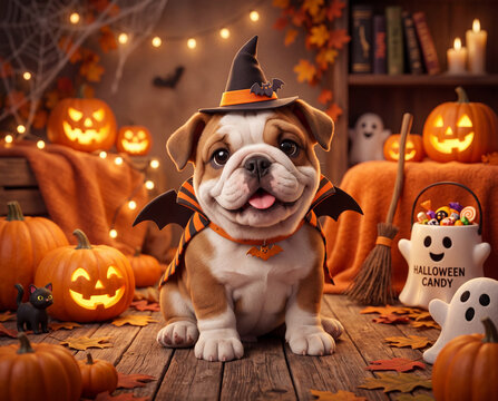 S&uuml;&szlig;e Halloween Bulldogge mit Zauberer Umhang, 3D Design