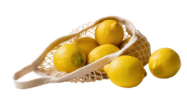 Fresh yellow lemons spilling from a beige mesh grocery bag, isolated on transparent background