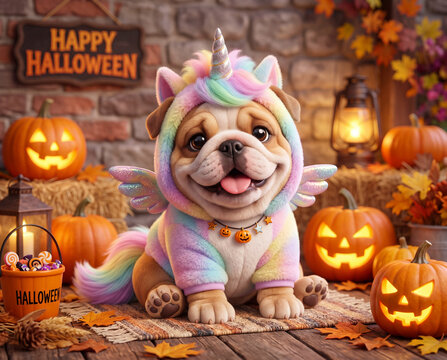 S&uuml;&szlig;e Halloween Bulldogge als Einhorn Verkleidet, 3D Design