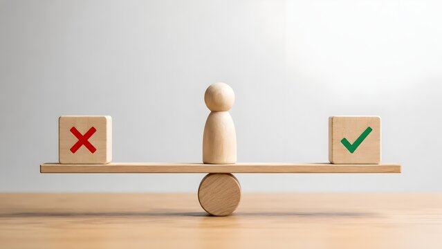Ethical decision making concept with wooden figure balancing on scale between green checkmark and red cross representing right and wrong choices