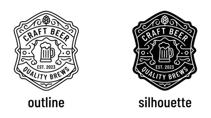 Obraz premium Craft Beer Emblem: Two stylized emblems representing craft beer, one in outline and the other in silhouette, feature a beer mug and hops, signifying quality brews and establishment.