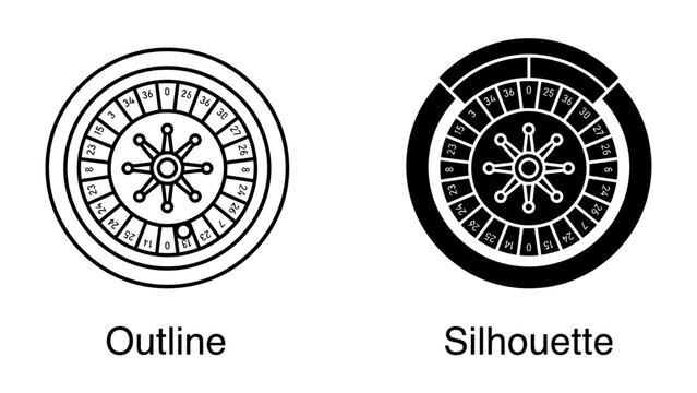Roulette Wheel Outline and Silhouette: Two roulette wheels presented side-by-side, one as a clear outline and the other as a bold silhouette, showcasing the iconic design of a casino game element.