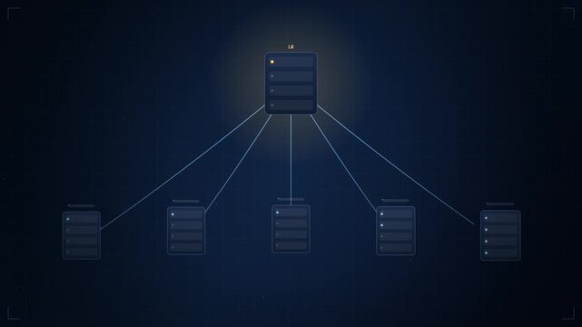 High tech digital infographic showing a load balancer distributing network traffic to multiple servers