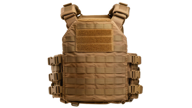 Tactical plate carrier vest with MOLLE webbing and buckles, isolated on transparent background