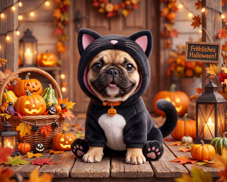 S&uuml;&szlig;e Halloween Bulldogge als schwarze Katze Verkleidet, 3D Design