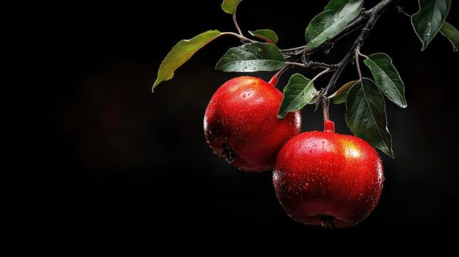 Two Fresh Red Apples With Water Droplets On A Black Background