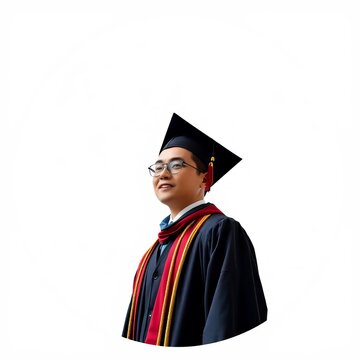 A graduate in academic attire stands triumphantly within a circular boundary, honor, accomplishment