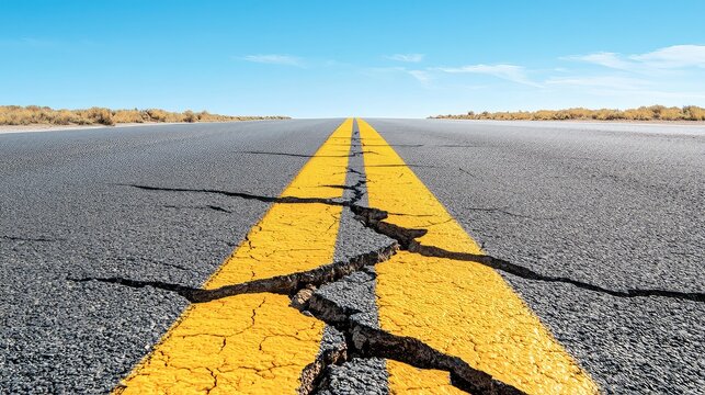 Cracked Asphalt Highway Road With Yellow Lines Under Clear Blue Sky
