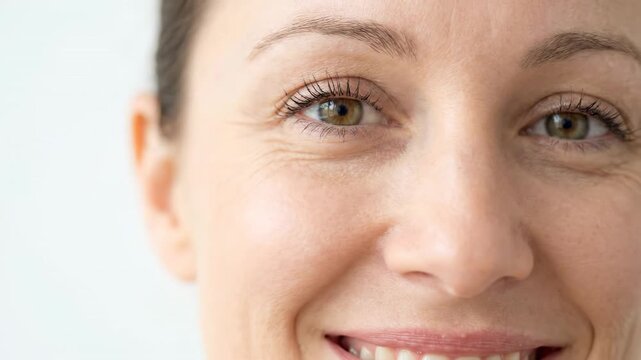Tight close-up of adult woman face showing open hazel eye with catchlight, gentle smile, visible skin texture, faint facial lines, and soft expression change in diffused light, with eye, smile, hazel