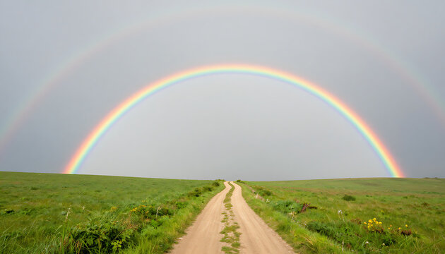 Vibrant double rainbow arching over open green fields with a straight dirt country trail, created with generative ai.
