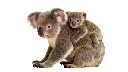 Mother koala carrying baby on its back, isolated on transparent background © Maria