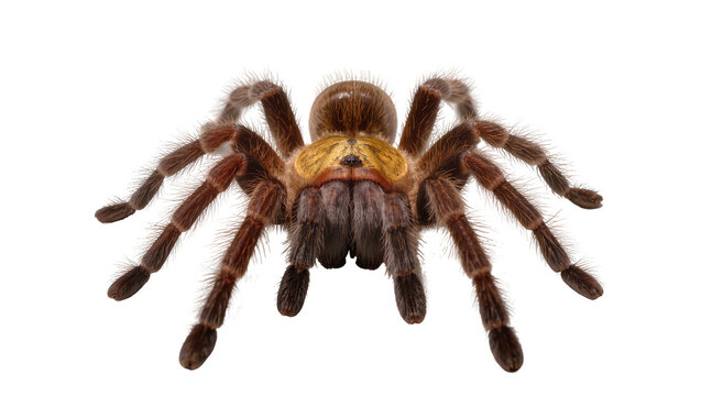 Brown fuzzy tarantula spider with eight legs, isolated on transparent background
