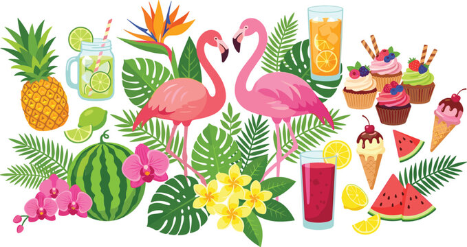 Tropical summer party vector element set featuring pink flamingos exotic flowers palm leaves cocktails cupcakes and fresh fruits isolated on white background.