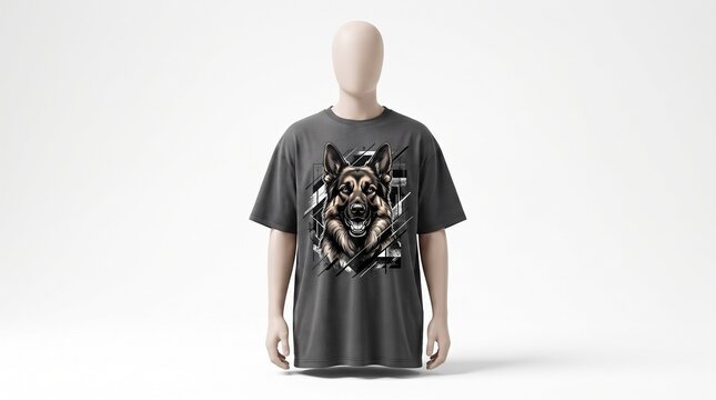 Mannequin wearing grey T-shirt featuring a fierce German Shepherd dog illustration graphic apparel on white background 2026