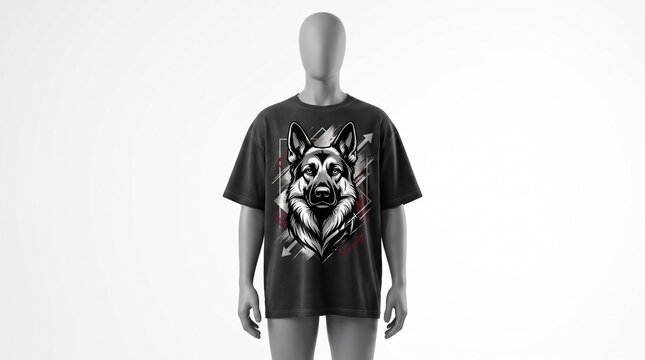 Black Oversized T-Shirt Mockup Featuring Stylized German Shepherd Dog Face Graphic Print on Mannequin in Studio