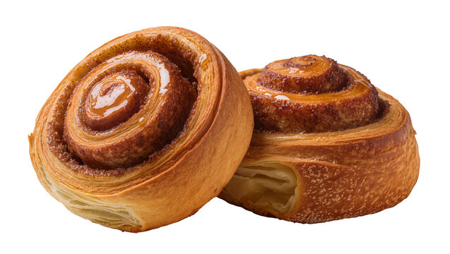 Golden brown cinnamon rolls with caramel glaze, isolated on transparent background