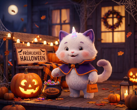 S&uuml;&szlig;e Halloween Katze als Zombie verkleidet, 3D Design