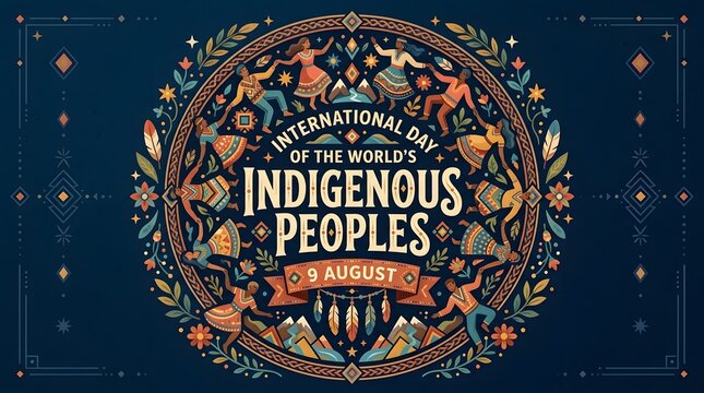 Indigenous peoples day emblem with floral ornaments and festive illustration