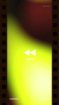 Retro VHS Rewind Effect with Colorful Light Leaks and Film Strip Border featuring Analog Video Transition with Timer and Rewind Symbol for Vintage Aesthetic Video Editing