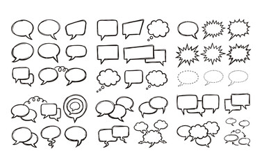 Fototapeta premium Hand drawn speech bubbles and dialogue boxes set featuring varied conversation clouds shouting bursts and chat icons