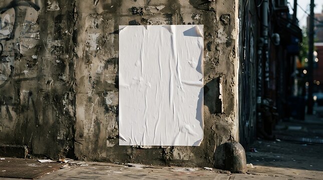 Blank white crumpled poster pasted on a weathered, textured urban wall, offering a prime mockup space for your design or advertisement in a gritty street environment