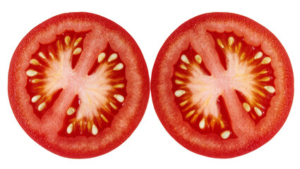 Two juicy red tomato slices showing seeds and pulp, isolated on transparent background © Maria