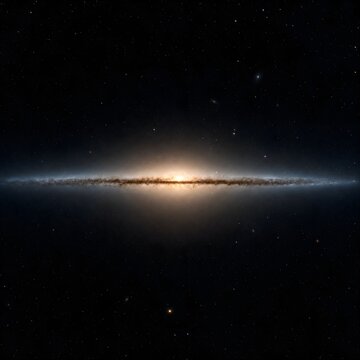 Panoramic edge on spiral galaxy viewing disc horizontal line glowing central bulge bright stars and cosmic dust in dark space 3d rendering illustration