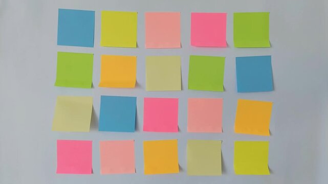 Rows of isolated, colorful sticky notes on clean background, for copy space, stationery, reminder, brainstorming, planning, project management, workflow, organization, business productivity concepts.