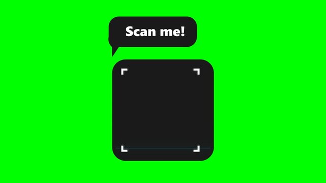 Green screen animation of a QR code scanner with a speech bubble saying Scan me.