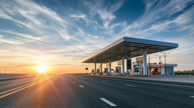 Long highway gas station stop with multiple pumps and road stretching into horizon, travel concept, bright sunny sky