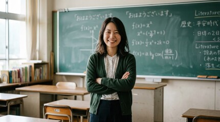 Fototapeta premium Young Asian Woman Teacher Smiling in Classroom with Chalkboard.