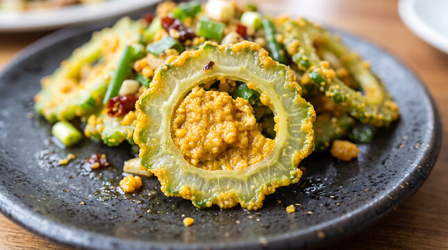 Sliced Bitter Gourd Ring Coated in Rich Creamy Salted Egg Yolk Crumble Served on Dark Ceramic Plate Close-Up